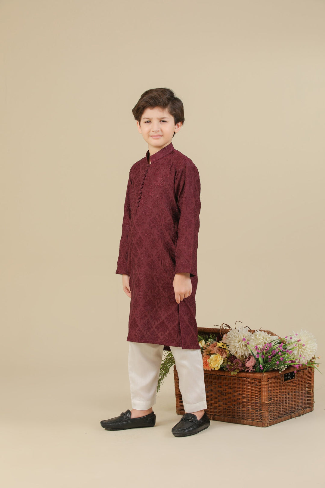 Muraqsh Ready To Wear Embroidered Silk Boys Miras Maroon Kurta Trouser MURRS - Winter Collection