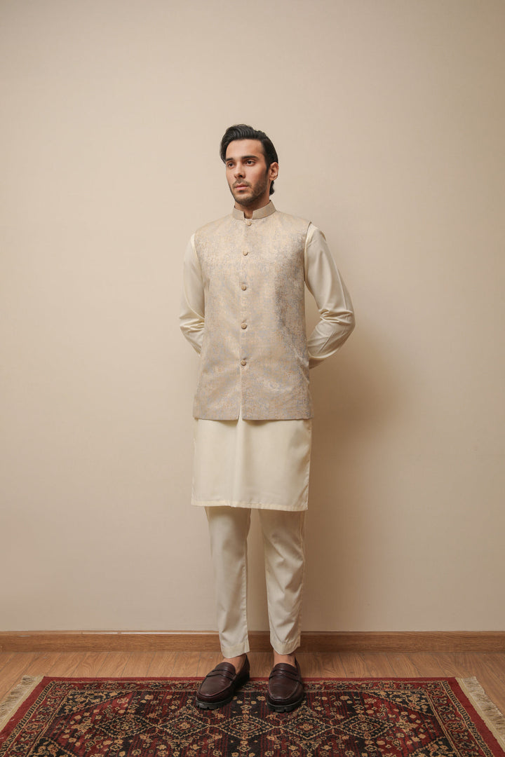 Muraqsh Ready To Wear Solids Cotton Men Blue Gold Textured Jamawar Waistcoat MUR-BGTJW - Summer Collection