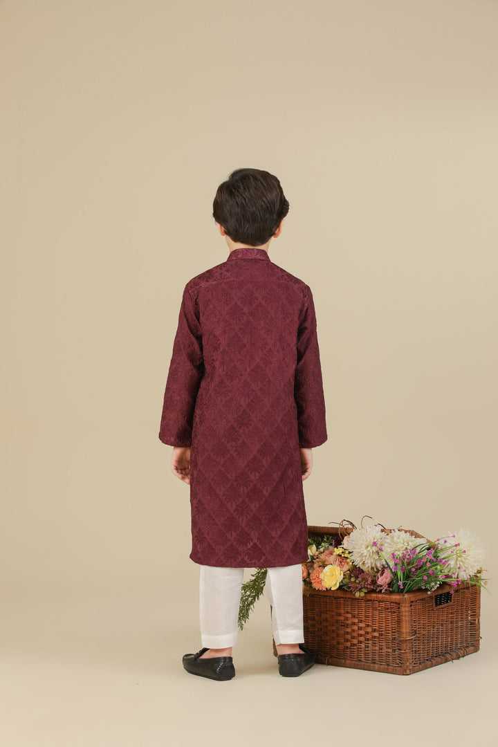 Muraqsh Ready To Wear Embroidered Silk Boys Miras Maroon Kurta Trouser MURRS - Winter Collection