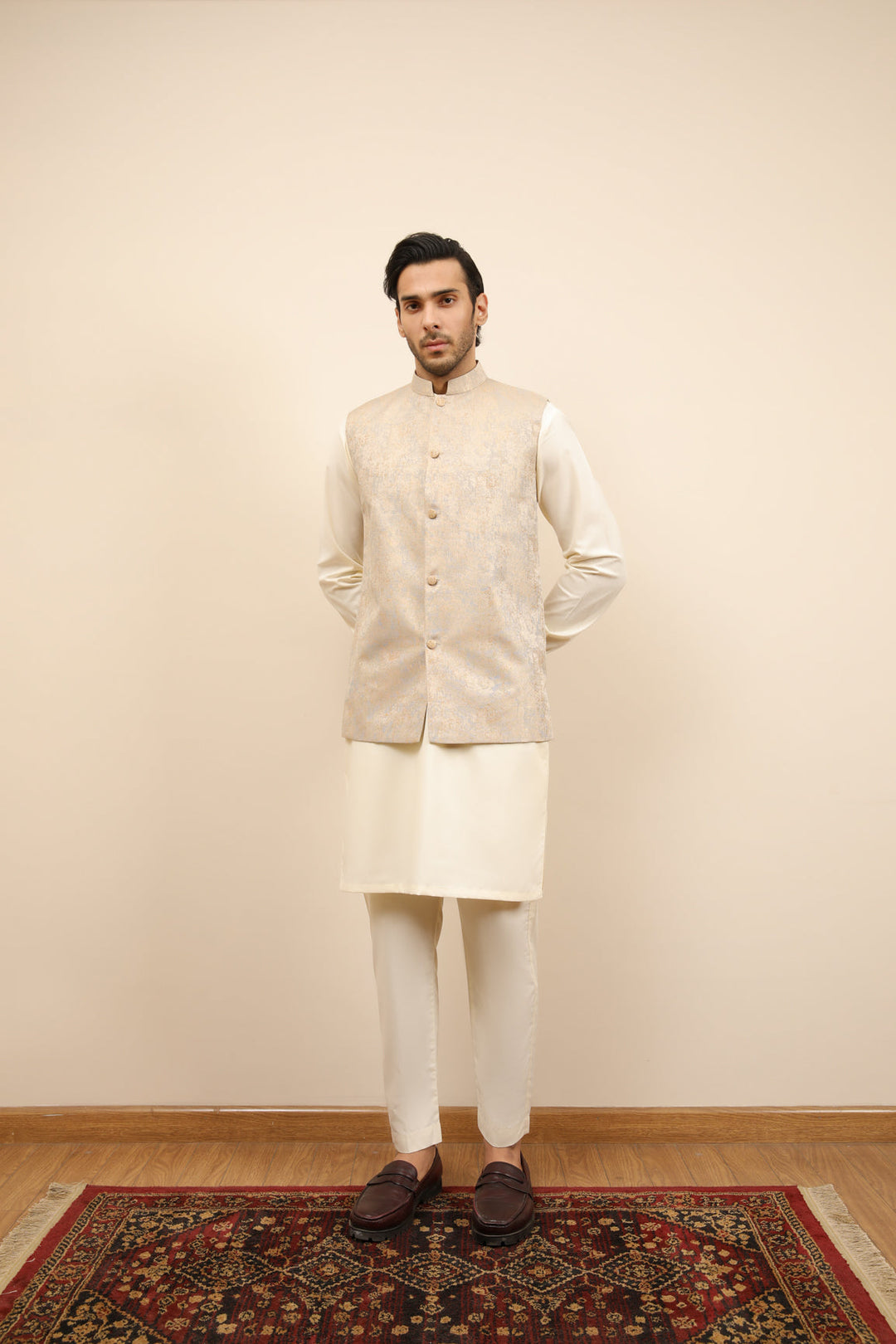 Muraqsh Ready To Wear Solids Cotton Men Blue Gold Textured Jamawar Waistcoat MUR-BGTJW - Summer Collection