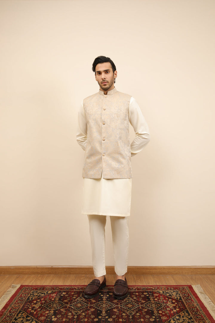 Muraqsh Ready To Wear Solids Bosky Men Bosky White Kurta Trouser with Blue Gold Jamawar Waistcoat MUR-BWKTW - Summer Collection