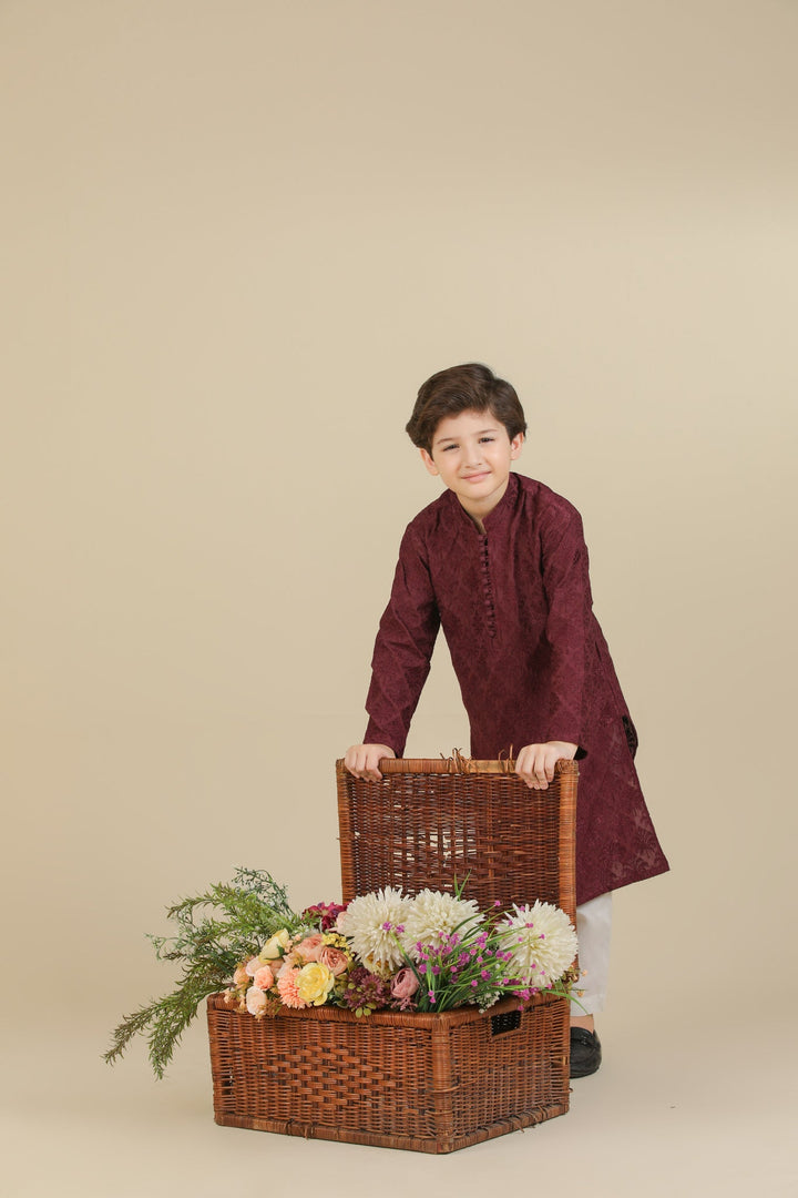 Muraqsh Ready To Wear Embroidered Silk Boys Miras Maroon Kurta Trouser MURRS - Winter Collection