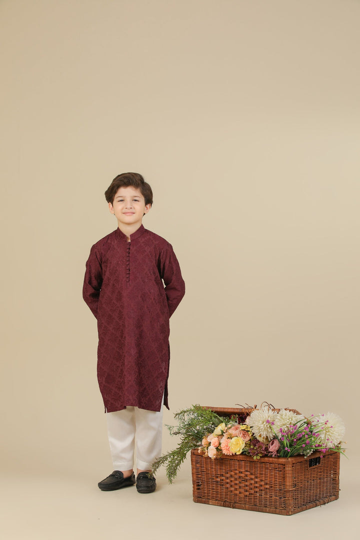 Muraqsh Ready To Wear Embroidered Silk Boys Miras Maroon Kurta Trouser MURRS - Winter Collection