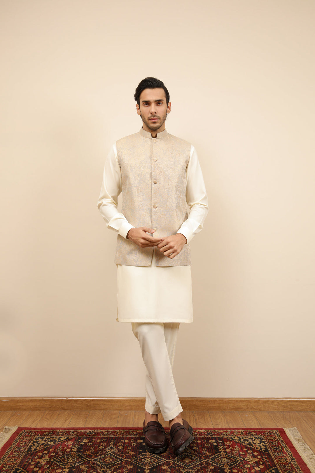 Muraqsh Ready To Wear Solids Bosky Men Bosky White Kurta Trouser with Blue Gold Jamawar Waistcoat MUR-BWKTW - Summer Collection