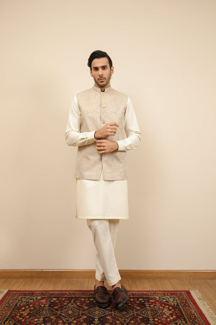 Muraqsh Ready To Wear Solids Bosky Men Bosky White Kurta Trouser with Blue Gold Jamawar Waistcoat MUR-BWKTW - Summer Collection