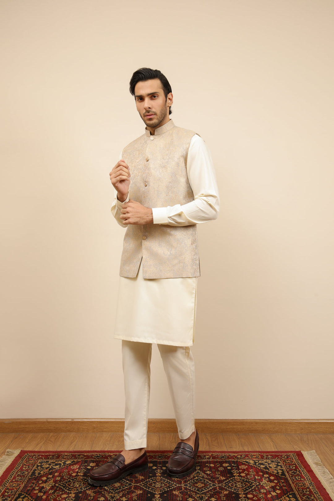 Muraqsh Ready To Wear Solids Bosky Men Bosky White Kurta Trouser with Blue Gold Jamawar Waistcoat MUR-BWKTW - Summer Collection