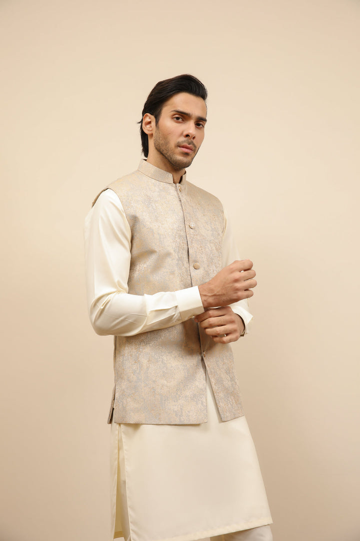 Muraqsh Ready To Wear Solids Cotton Men Blue Gold Textured Jamawar Waistcoat MUR-BGTJW - Summer Collection