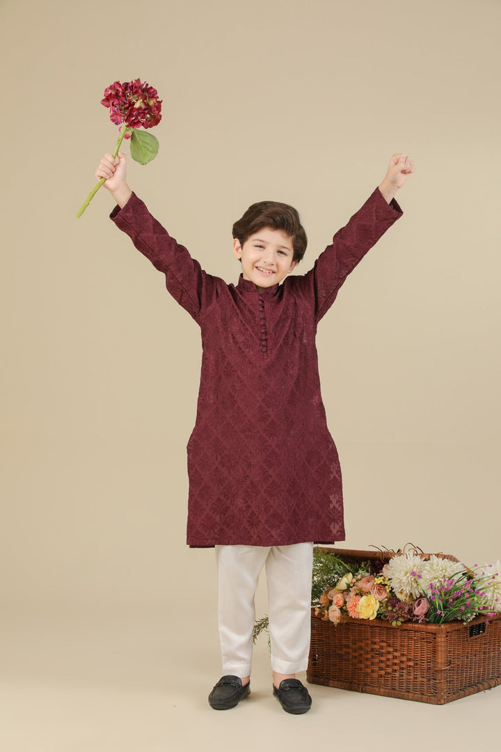 Muraqsh Ready To Wear Embroidered Silk Boys Miras Maroon Kurta Trouser MURRS - Winter Collection