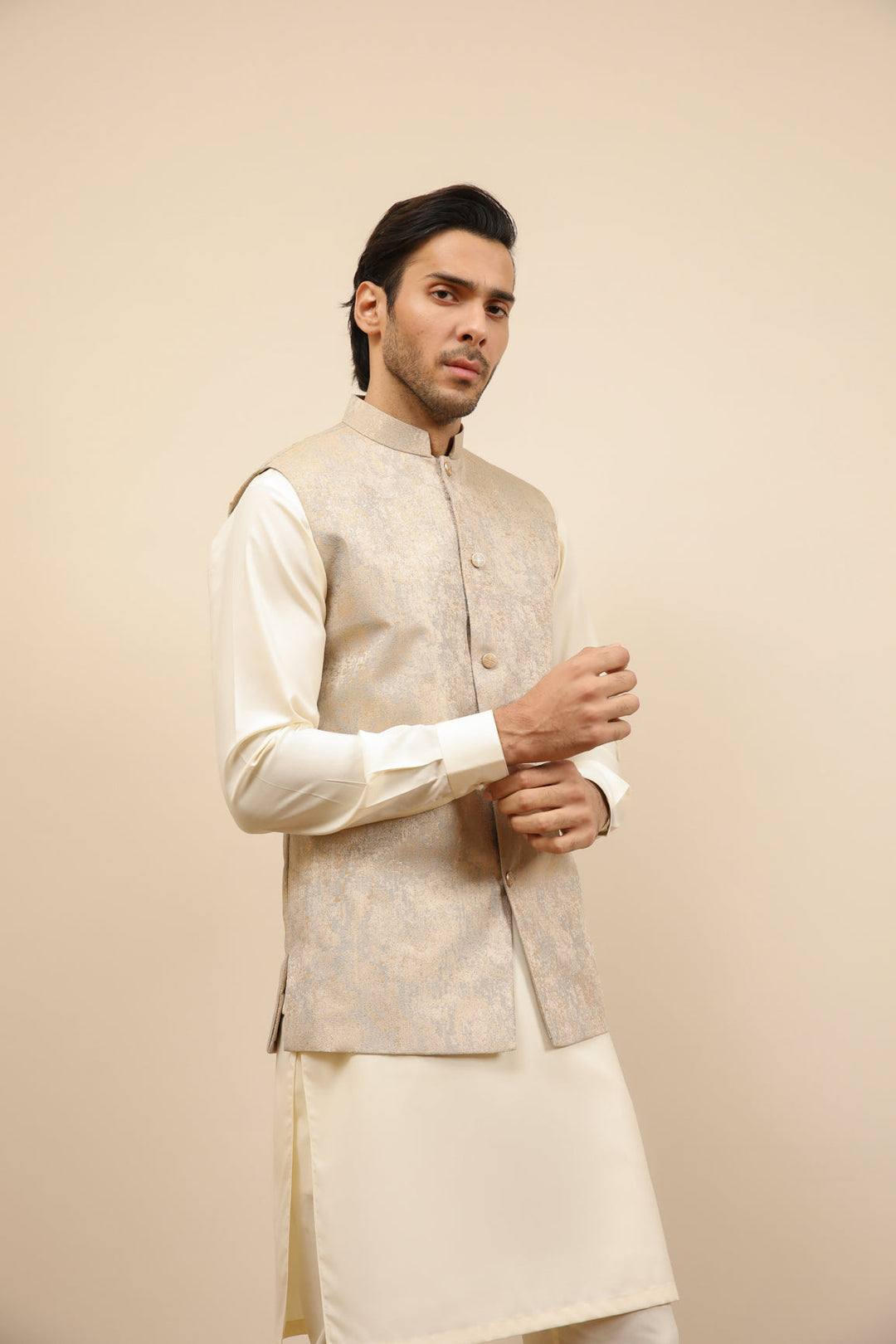 Muraqsh Ready To Wear Solids Bosky Men Bosky White Kurta Trouser with Blue Gold Jamawar Waistcoat MUR-BWKTW - Summer Collection