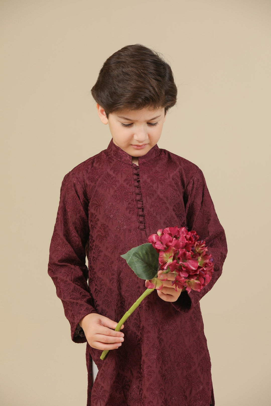 Muraqsh Ready To Wear Embroidered Silk Boys Miras Maroon Kurta Trouser MURRS - Winter Collection