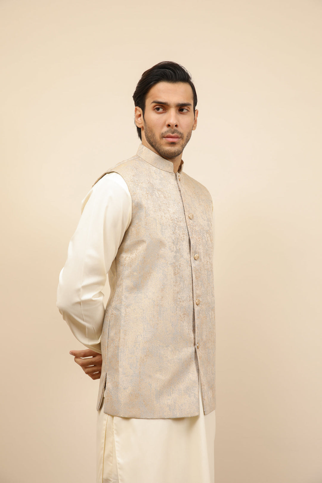 Muraqsh Ready To Wear Solids Bosky Men Bosky White Kurta Trouser with Blue Gold Jamawar Waistcoat MUR-BWKTW - Summer Collection