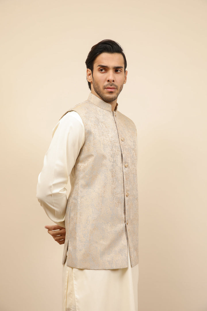 Muraqsh Ready To Wear Solids Bosky Men Bosky White Kurta Trouser with Blue Gold Jamawar Waistcoat MUR-BWKTW - Summer Collection