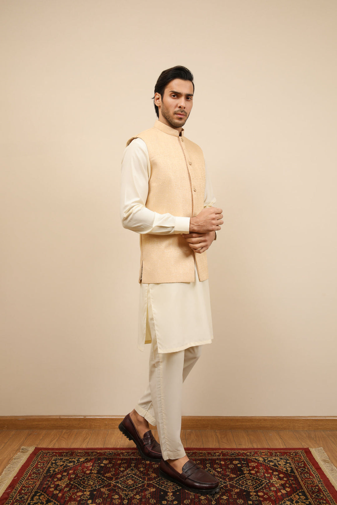 Muraqsh Ready To Wear Solids Cotton Men Ivory Jamawar Textured Waistcoat MUR-IJTW - Summer Collection