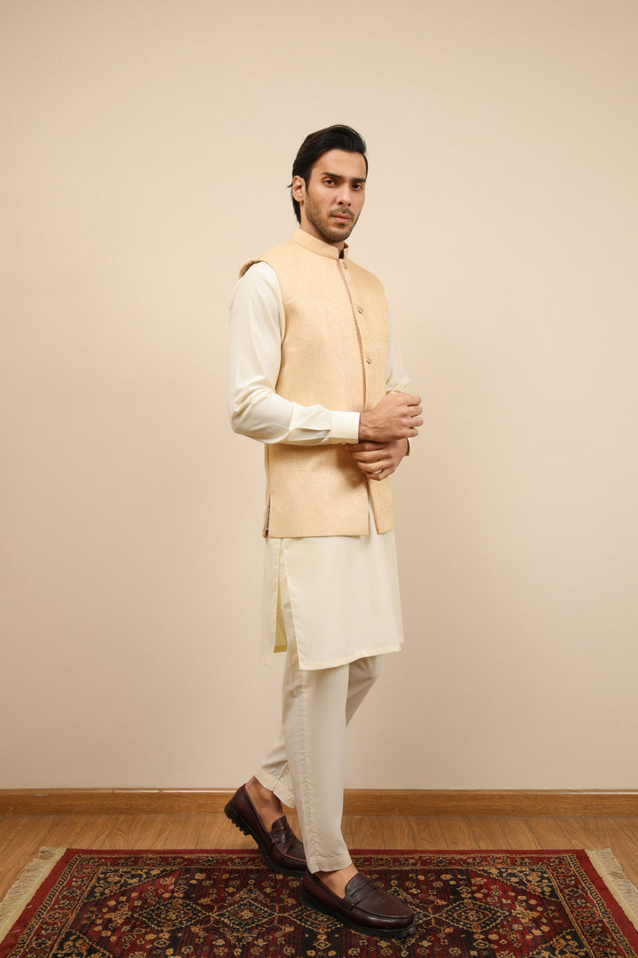 Muraqsh Ready To Wear Solids Cotton Men Ivory Jamawar Textured Waistcoat MUR-IJTW - Summer Collection