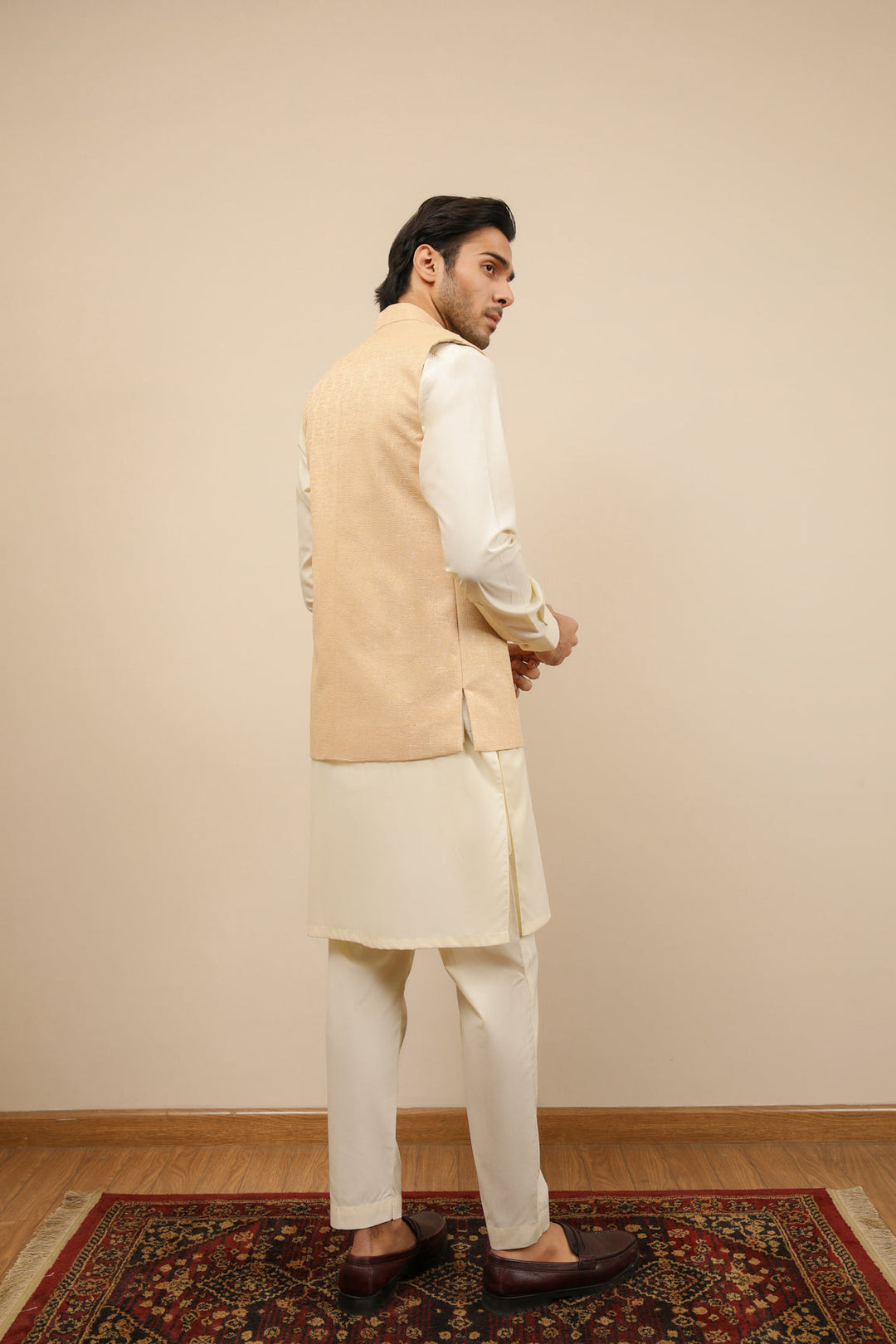 Muraqsh Ready To Wear Solids Cotton Men Ivory Jamawar Textured Waistcoat MUR-IJTW - Summer Collection