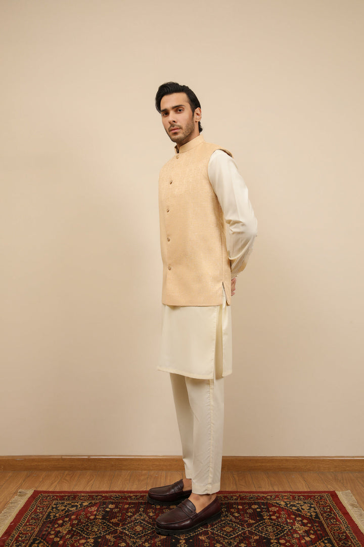 Muraqsh Ready To Wear Solids Bosky Men Bosky White Kurta Trouser with Ivory Jamawar Waistcoat MUR-BWKTW - Summer Collection