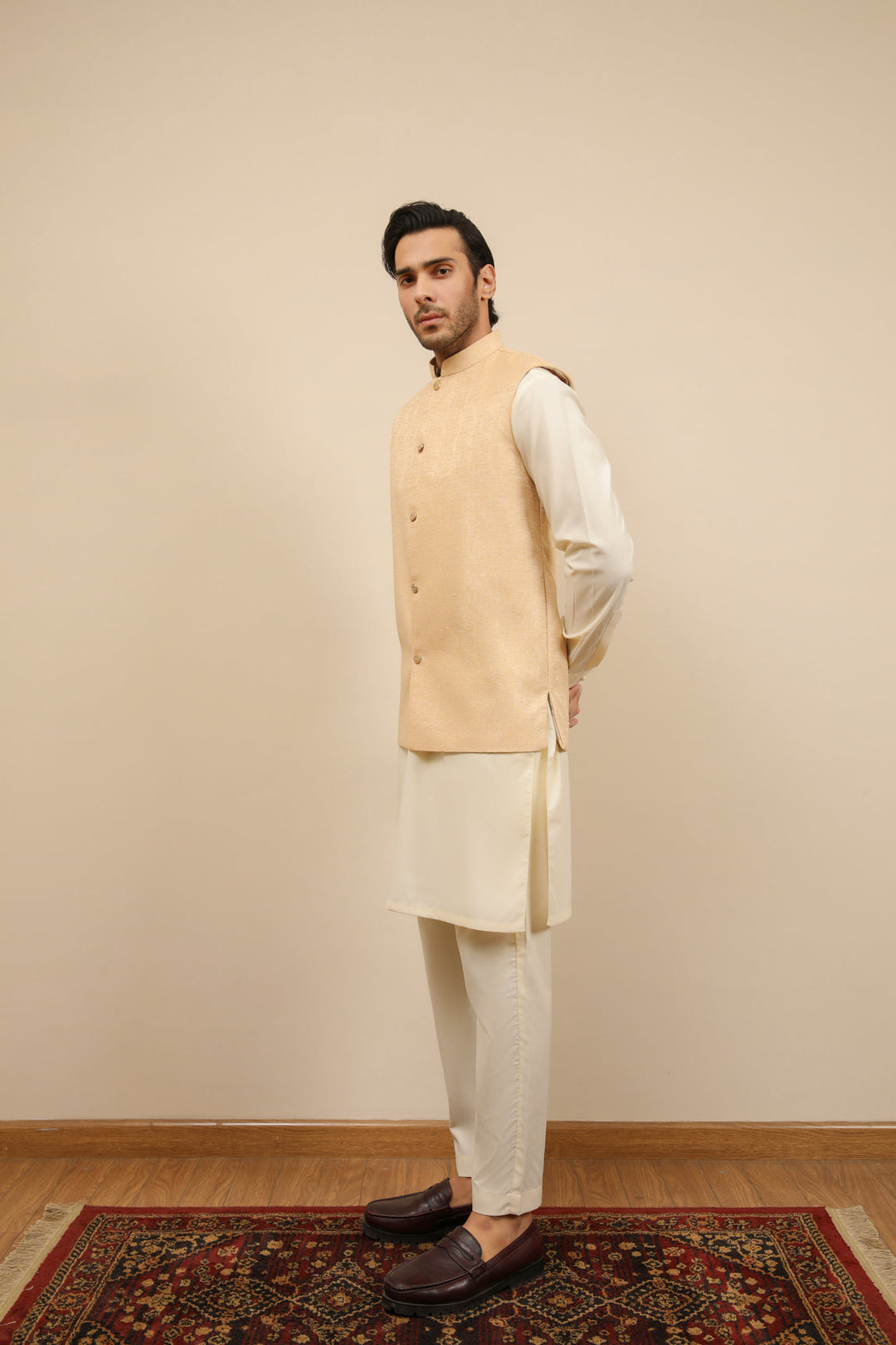 Muraqsh Ready To Wear Solids Cotton Men Ivory Jamawar Textured Waistcoat MUR-IJTW - Summer Collection