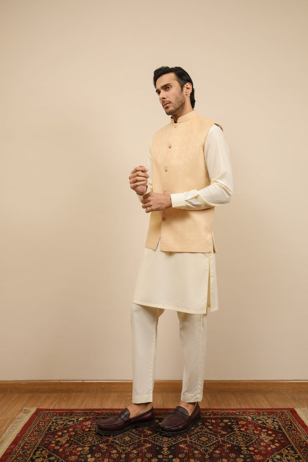 Muraqsh Ready To Wear Solids Bosky Men Bosky White Kurta Trouser with Ivory Jamawar Waistcoat MUR-BWKTW - Summer Collection