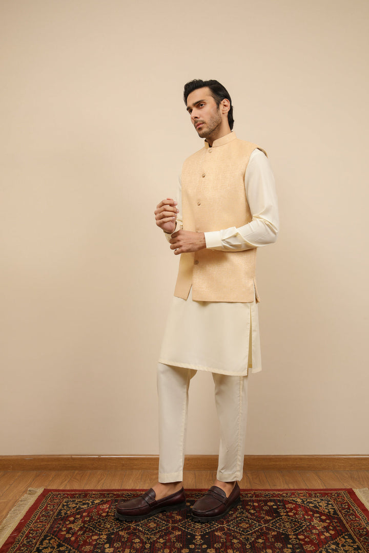 Muraqsh Ready To Wear Solids Cotton Men Ivory Jamawar Textured Waistcoat MUR-IJTW - Summer Collection