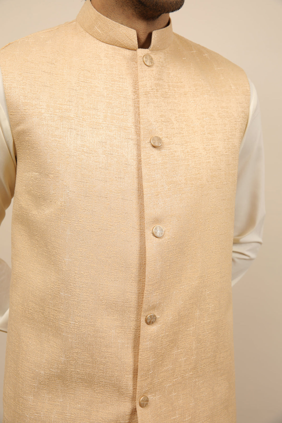 Muraqsh Ready To Wear Solids Bosky Men Bosky White Kurta Trouser with Ivory Jamawar Waistcoat MUR-BWKTW - Summer Collection