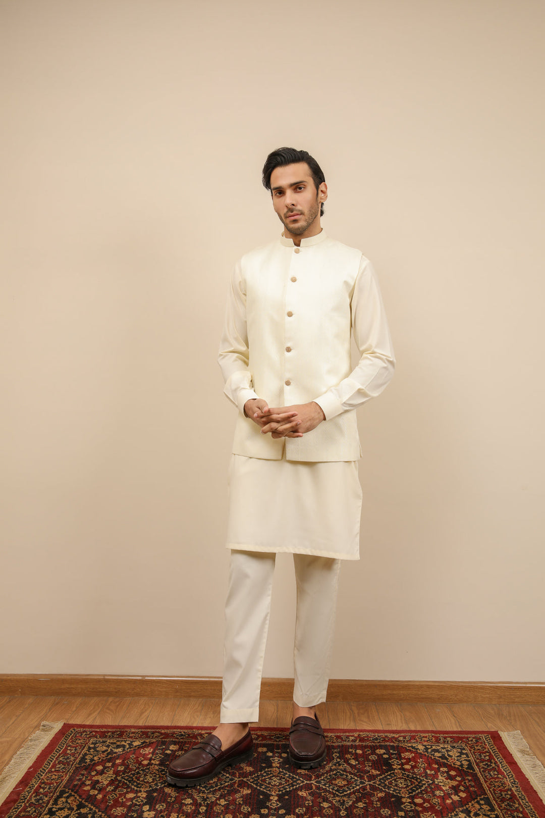Muraqsh Ready To Wear Solids Cotton Men Off White Jamawar Textured Waistcoat MUR-OWJTW - Summer Collection