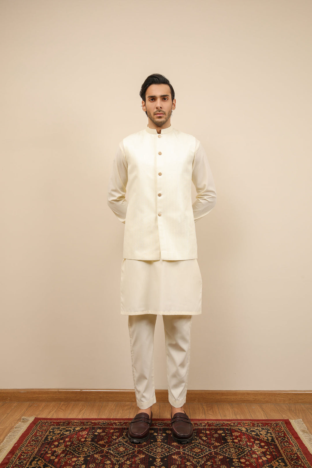 Muraqsh Ready To Wear Solids Cotton Men Off White Jamawar Textured Waistcoat MUR-OWJTW - Summer Collection