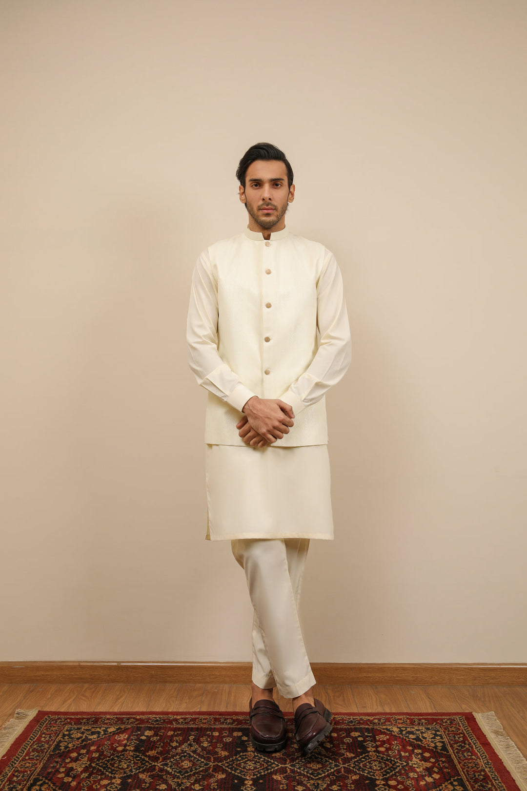 Muraqsh Ready To Wear Solids Cotton Men Off White Jamawar Textured Waistcoat MUR-OWJTW - Summer Collection