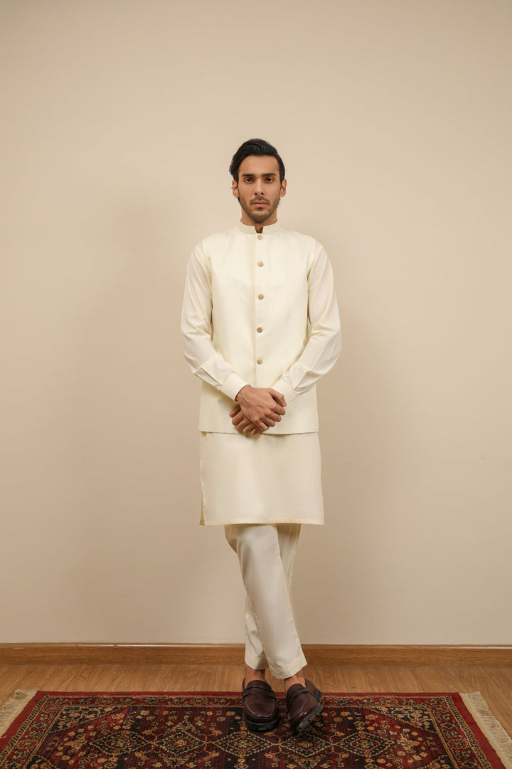 Muraqsh Ready To Wear Solids Cotton Men Off White Jamawar Textured Waistcoat MUR-OWJTW - Summer Collection