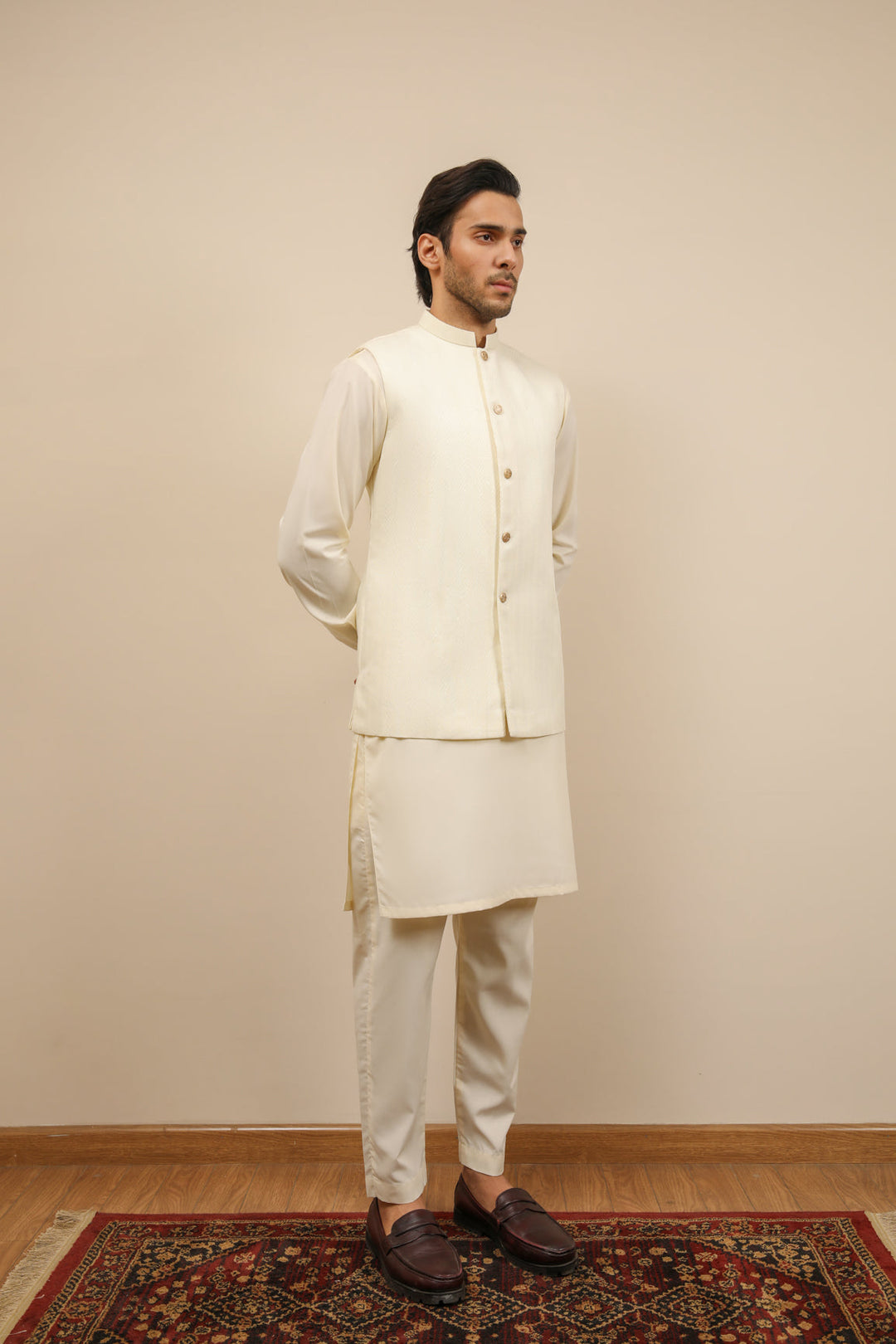 Muraqsh Ready To Wear Solids Bosky Men Bosky White Kurta Trouser with Off White Jamawar Waistcoat MUR-BWKTW - Summer Collection