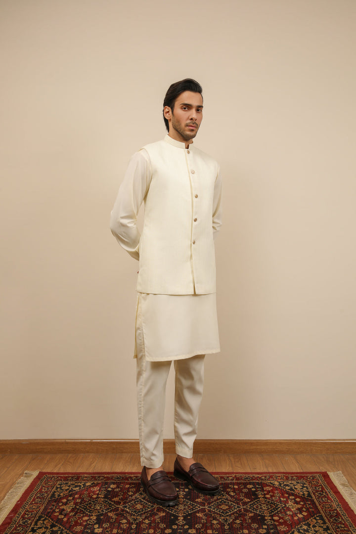 Muraqsh Ready To Wear Solids Cotton Men Off White Jamawar Textured Waistcoat MUR-OWJTW - Summer Collection