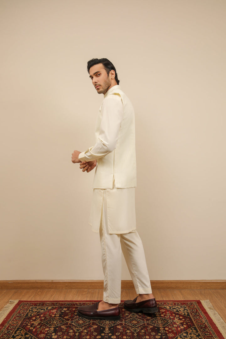 Muraqsh Ready To Wear Solids Cotton Men Off White Jamawar Textured Waistcoat MUR-OWJTW - Summer Collection