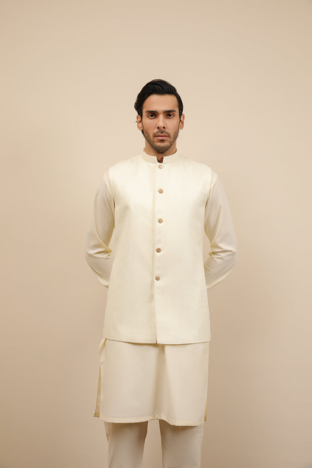 Muraqsh Ready To Wear Solids Cotton Men Off White Jamawar Textured Waistcoat MUR-OWJTW - Summer Collection