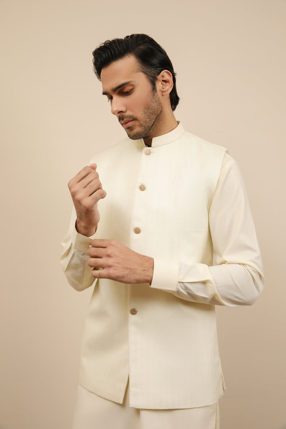 Muraqsh Ready To Wear Solids Cotton Men Off White Jamawar Textured Waistcoat MUR-OWJTW - Summer Collection