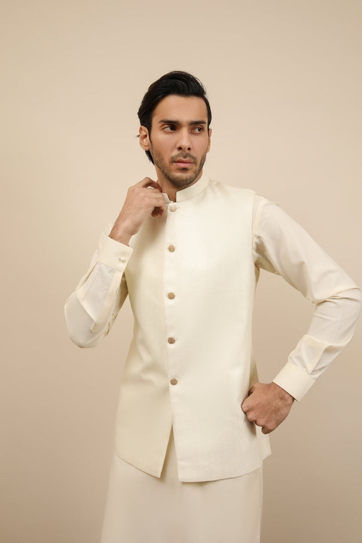 Muraqsh Ready To Wear Solids Cotton Men Off White Jamawar Textured Waistcoat MUR-OWJTW - Summer Collection