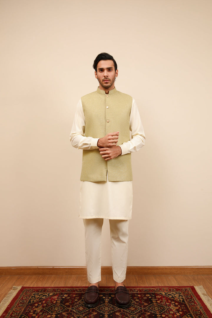 Muraqsh Ready To Wear Solids Bosky Men Bosky White Kurta Trouser with Mint Jamawar Waistcoat MUR-BWKTW - Summer Collection