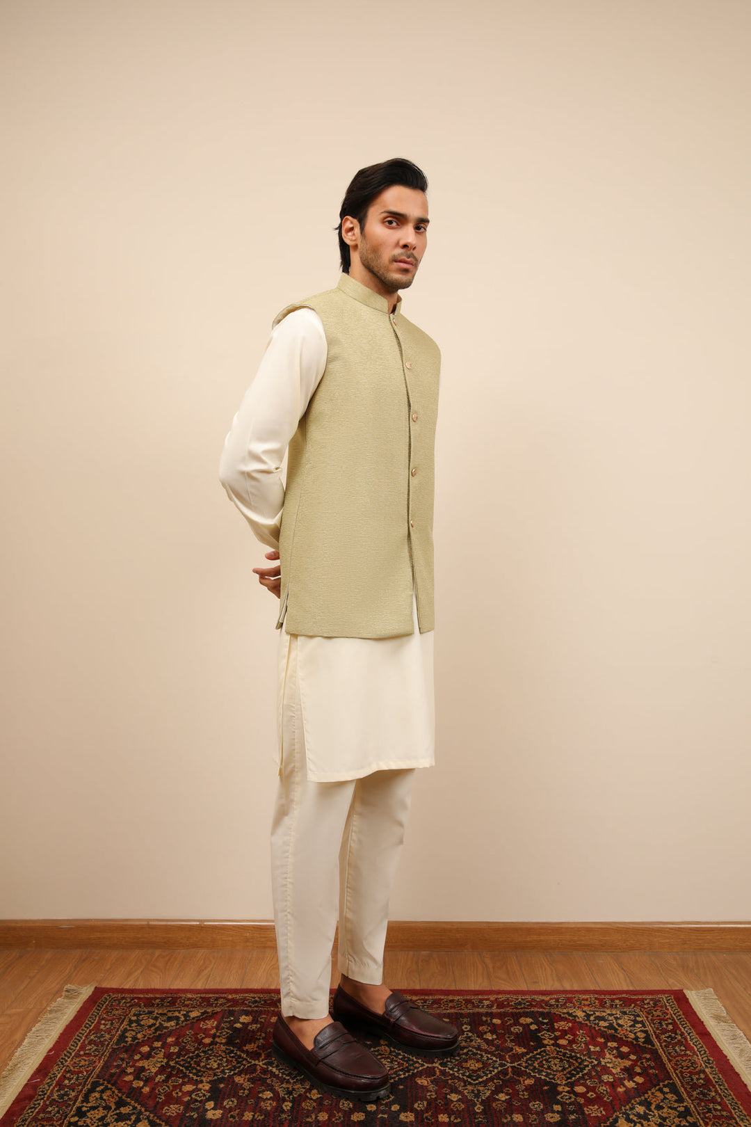 Muraqsh Ready To Wear Solids Bosky Men Bosky White Kurta Trouser with Mint Jamawar Waistcoat MUR-BWKTW - Summer Collection