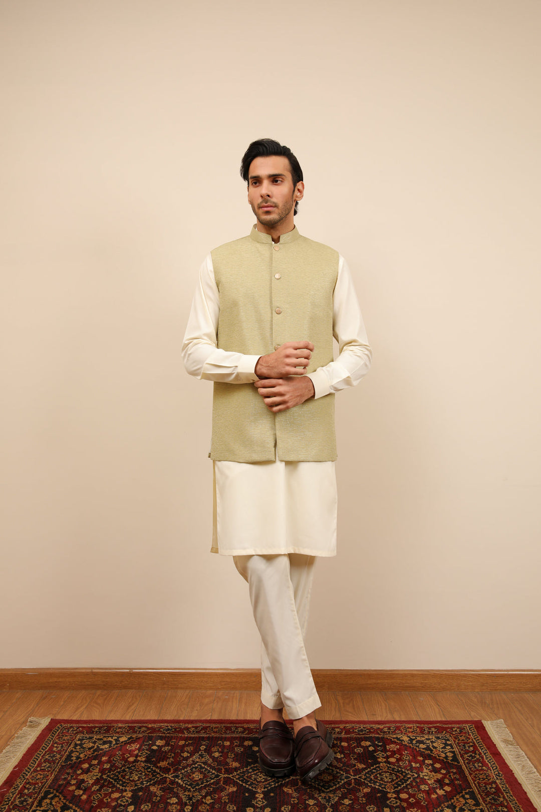 Muraqsh Ready To Wear Solids Cotton Men Mint Jamawar Textured Waistcoat MURJTW - Summer Collection