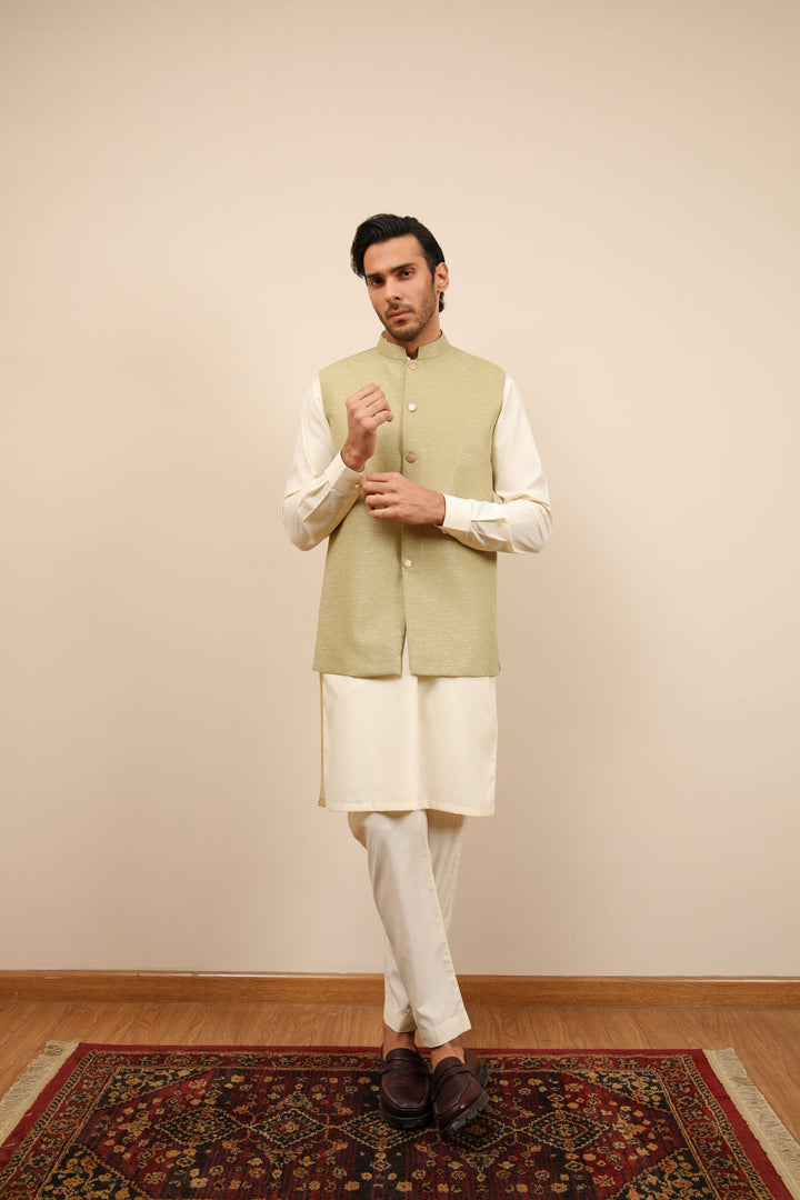 Muraqsh Ready To Wear Solids Bosky Men Bosky White Kurta Trouser with Mint Jamawar Waistcoat MUR-BWKTW - Summer Collection
