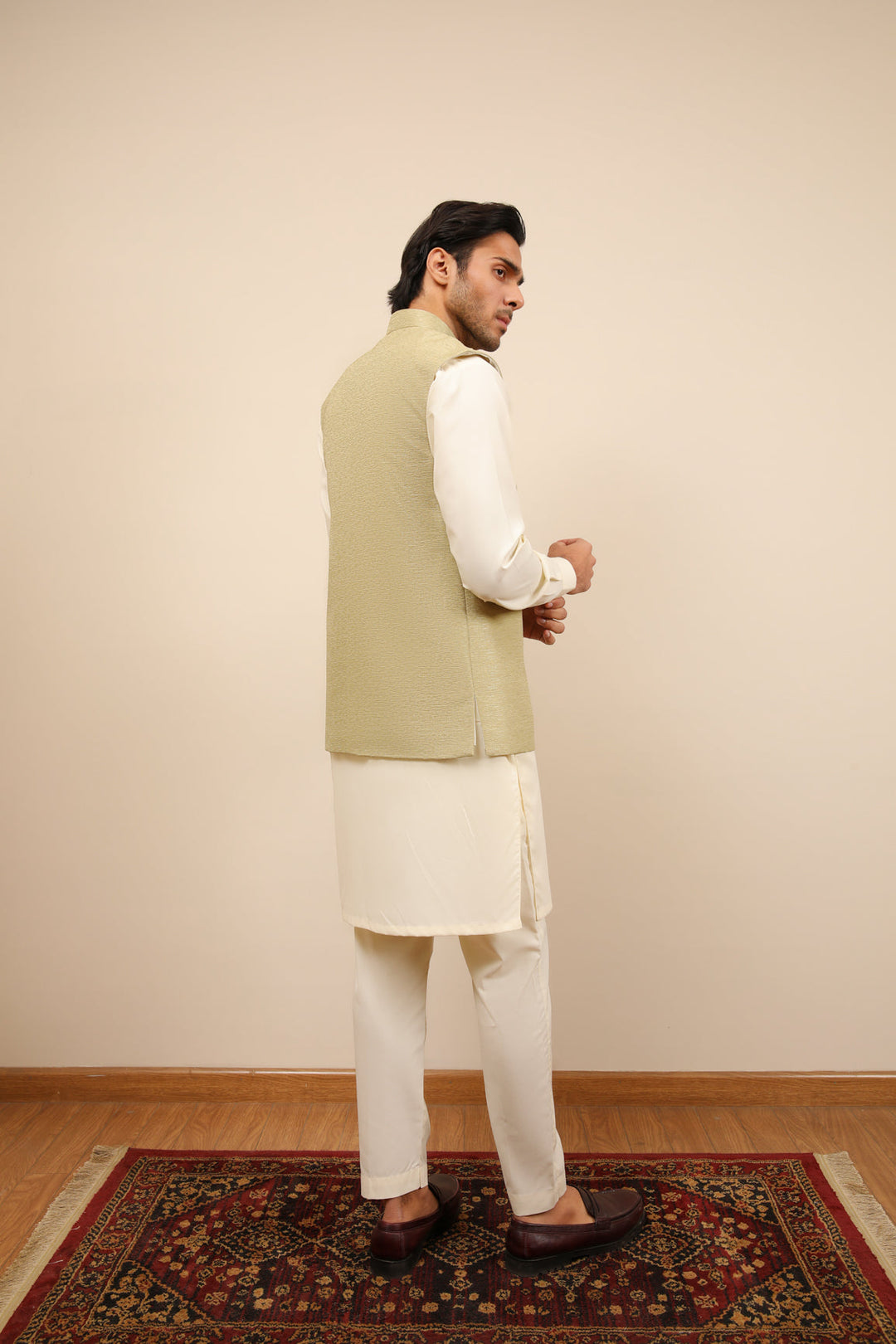 Muraqsh Ready To Wear Solids Cotton Men Mint Jamawar Textured Waistcoat MURJTW - Summer Collection