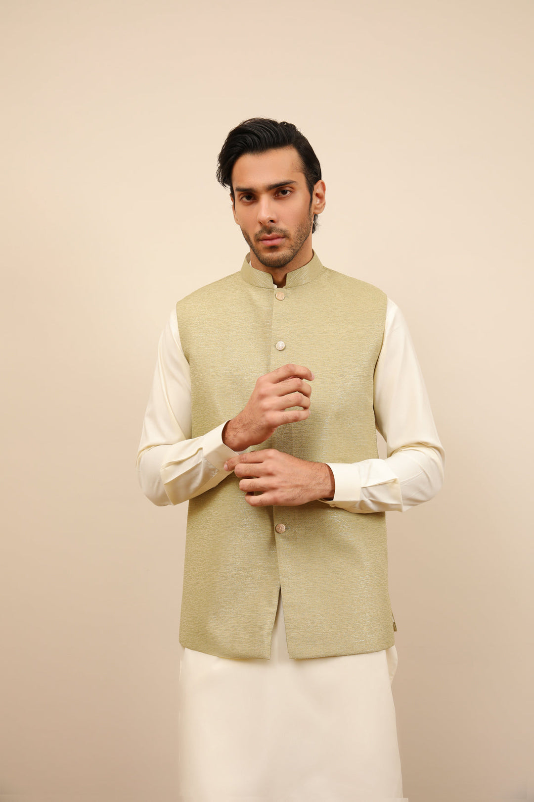 Muraqsh Ready To Wear Solids Cotton Men Mint Jamawar Textured Waistcoat MURJTW - Summer Collection