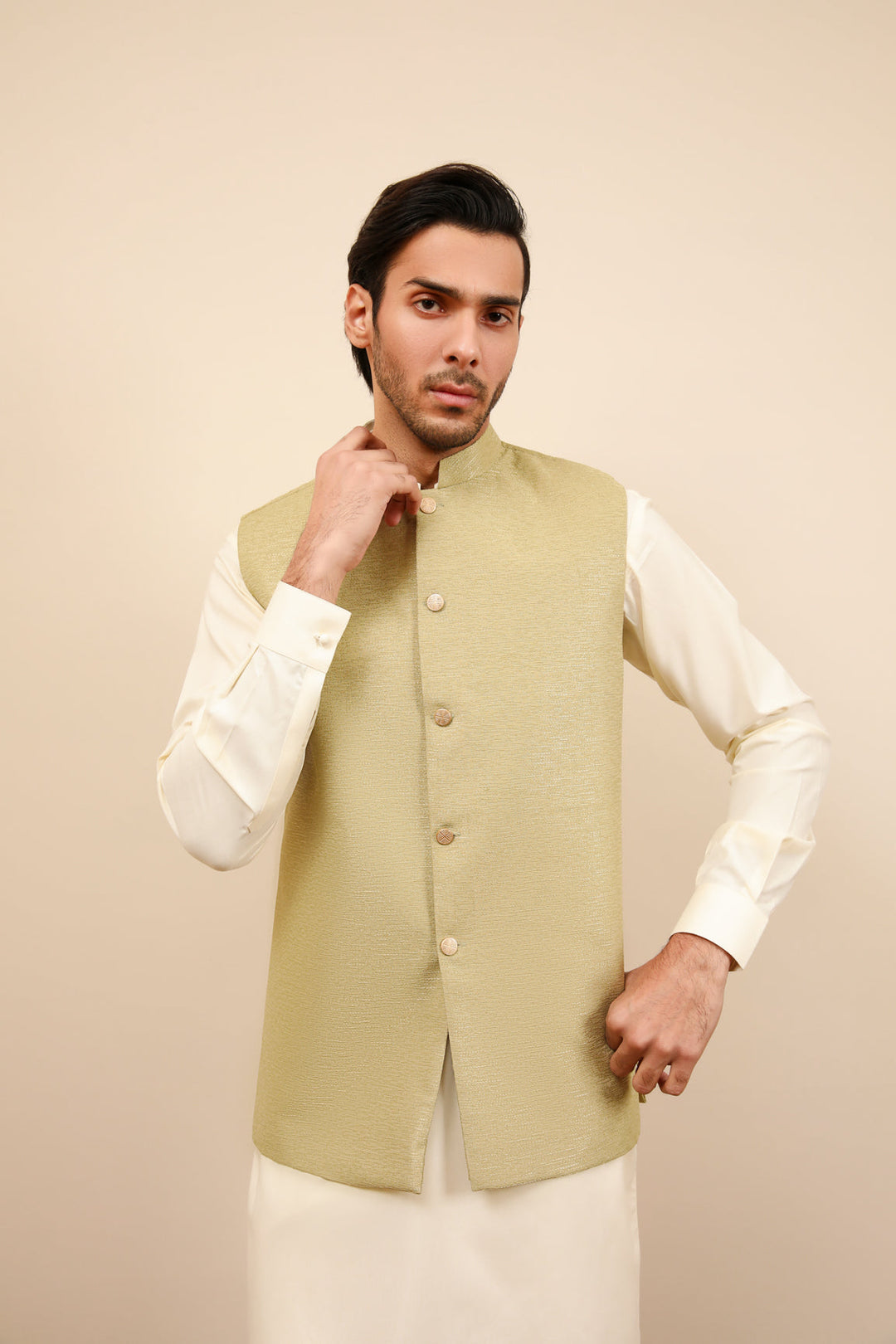 Muraqsh Ready To Wear Solids Cotton Men Mint Jamawar Textured Waistcoat MURJTW - Summer Collection