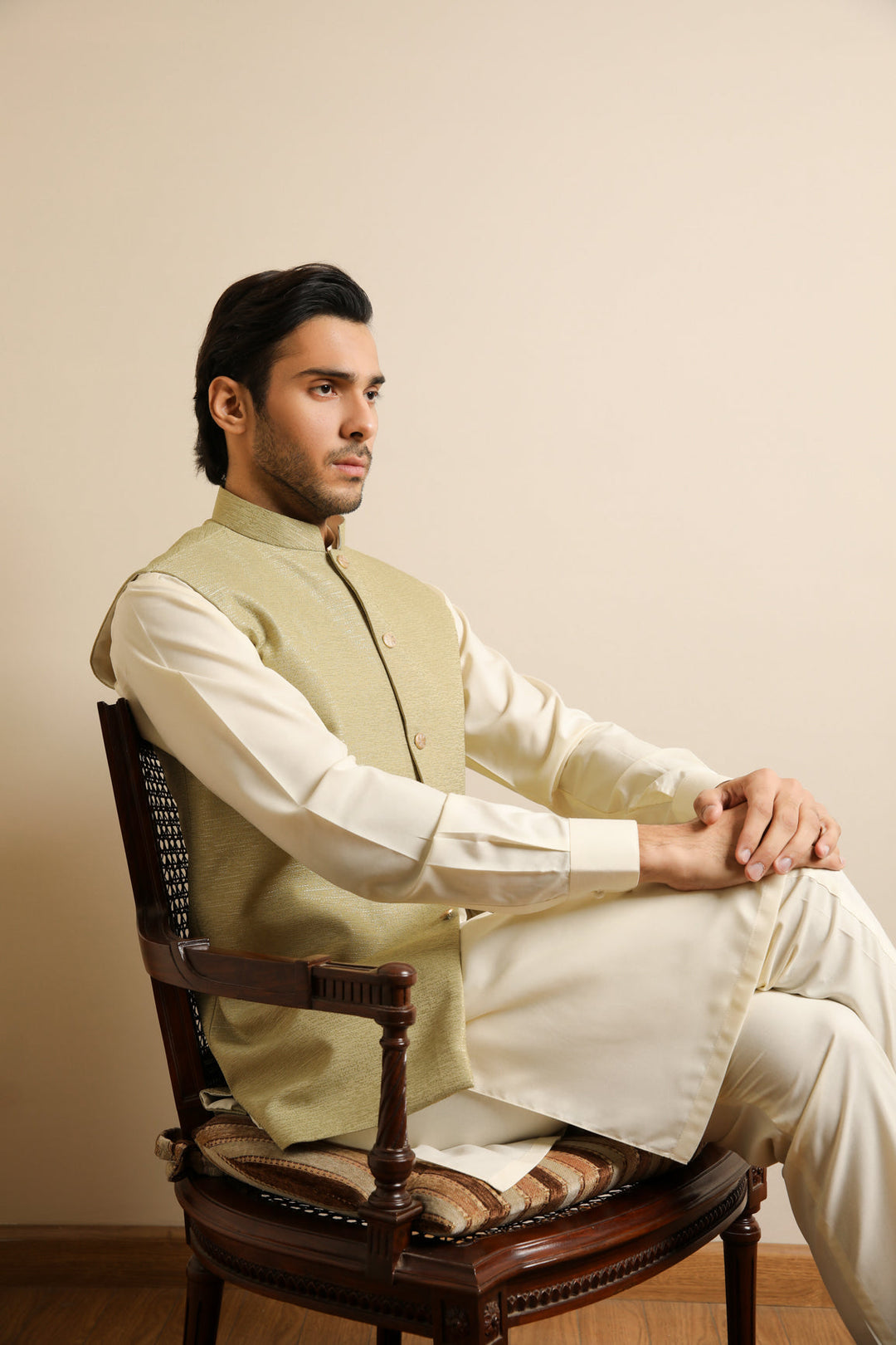 Muraqsh Ready To Wear Solids Cotton Men Mint Jamawar Textured Waistcoat MURJTW - Summer Collection