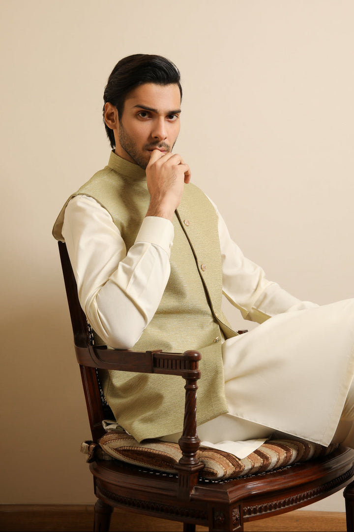 Muraqsh Ready To Wear Solids Cotton Men Mint Jamawar Textured Waistcoat MURJTW - Summer Collection