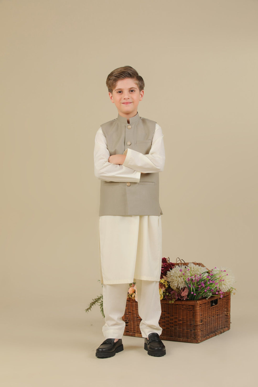 Muraqsh Ready To Wear Solids Bosky Boys Bosky White Kurta Trouser with Beige Suiting Waistcoat Straight Cut MUR-BWKTW - Summer Collection