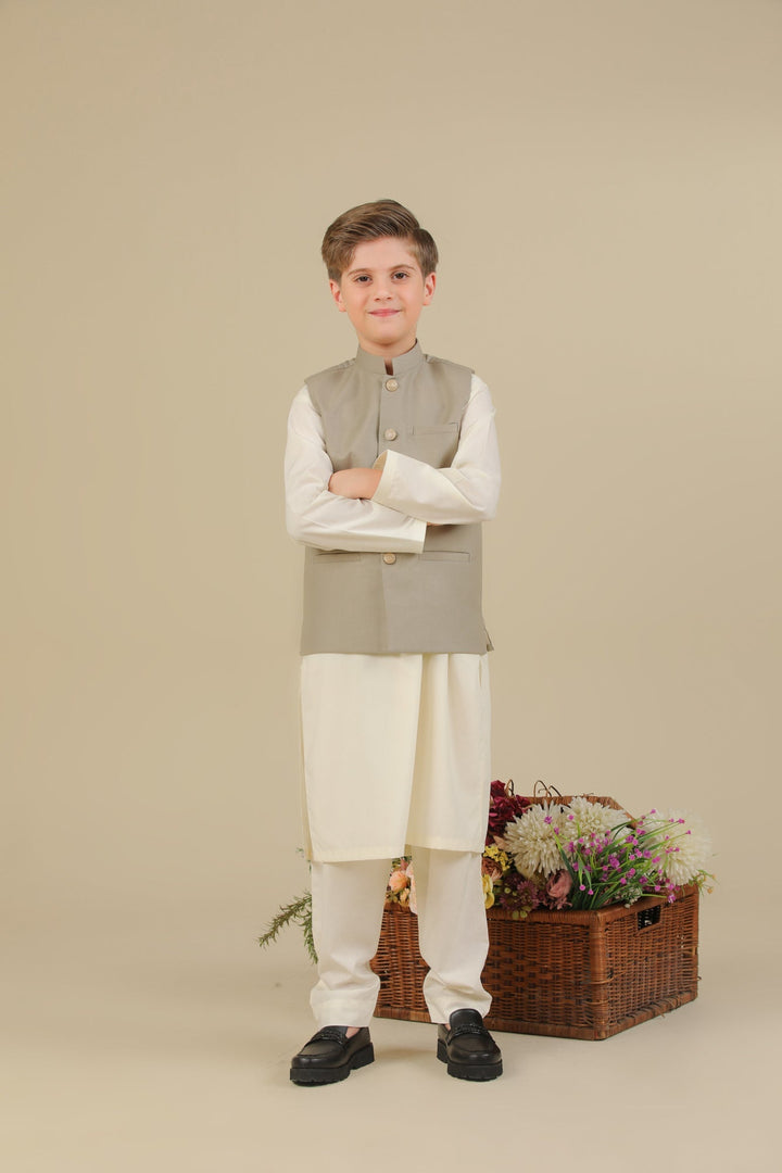Muraqsh Ready To Wear Solids Bosky Boys Bosky White Kurta Trouser with Beige Suiting Waistcoat Straight Cut MUR-BWKTW - Summer Collection