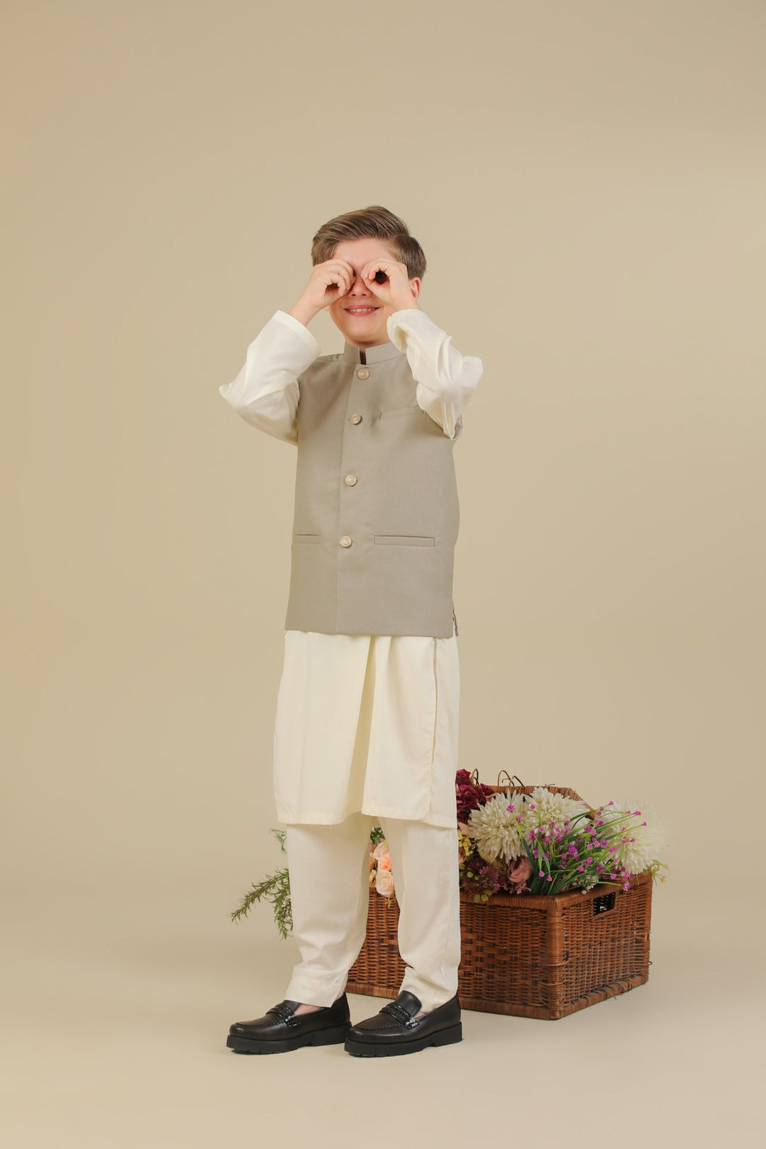Muraqsh Ready To Wear Solids Bosky Boys Bosky White Kurta Trouser with Beige Suiting Waistcoat Straight Cut MUR-BWKTW - Summer Collection
