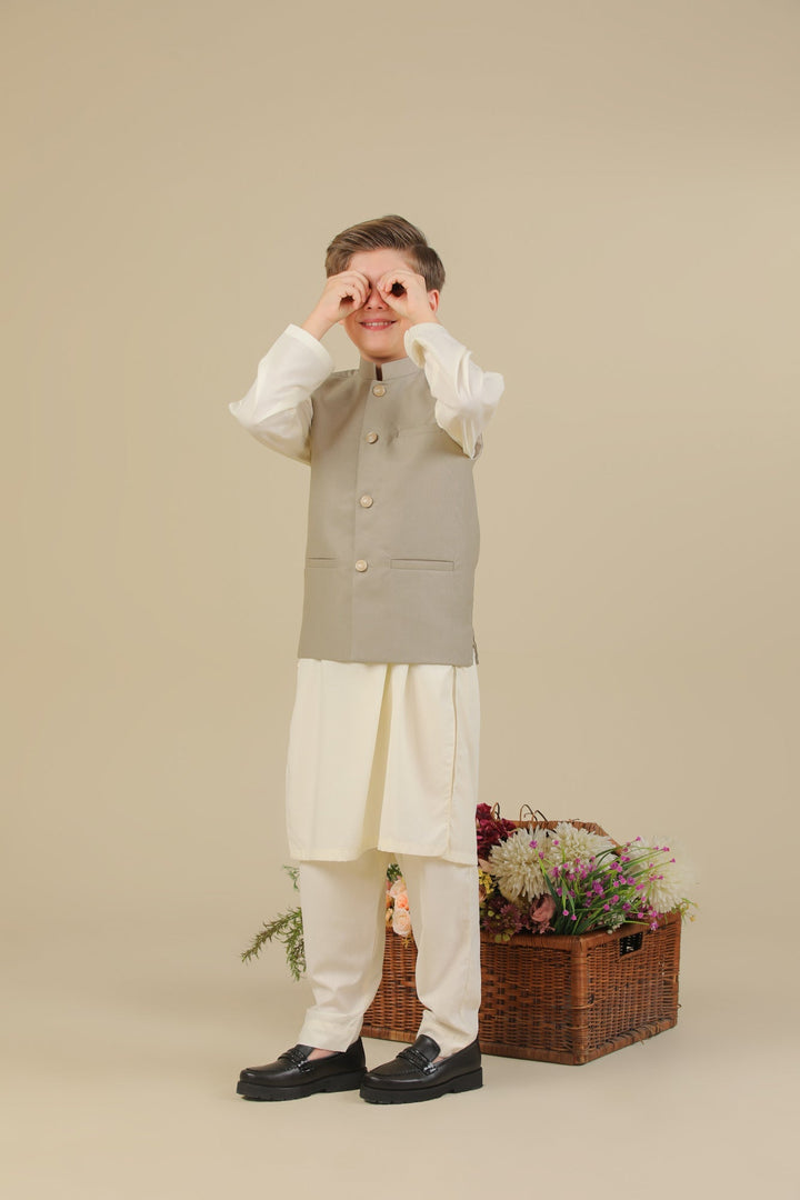 Muraqsh Ready To Wear Solids Bosky Boys Bosky White Kurta Trouser with Beige Suiting Waistcoat Straight Cut MUR-BWKTW - Summer Collection