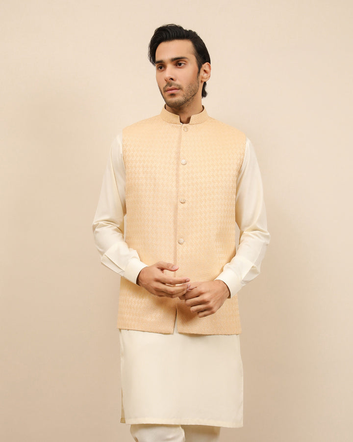 Muraqsh Ready To Wear Solids Cotton Men Ivory Jamawar Textured Waistcoat MUR-IJTW - Summer Collection