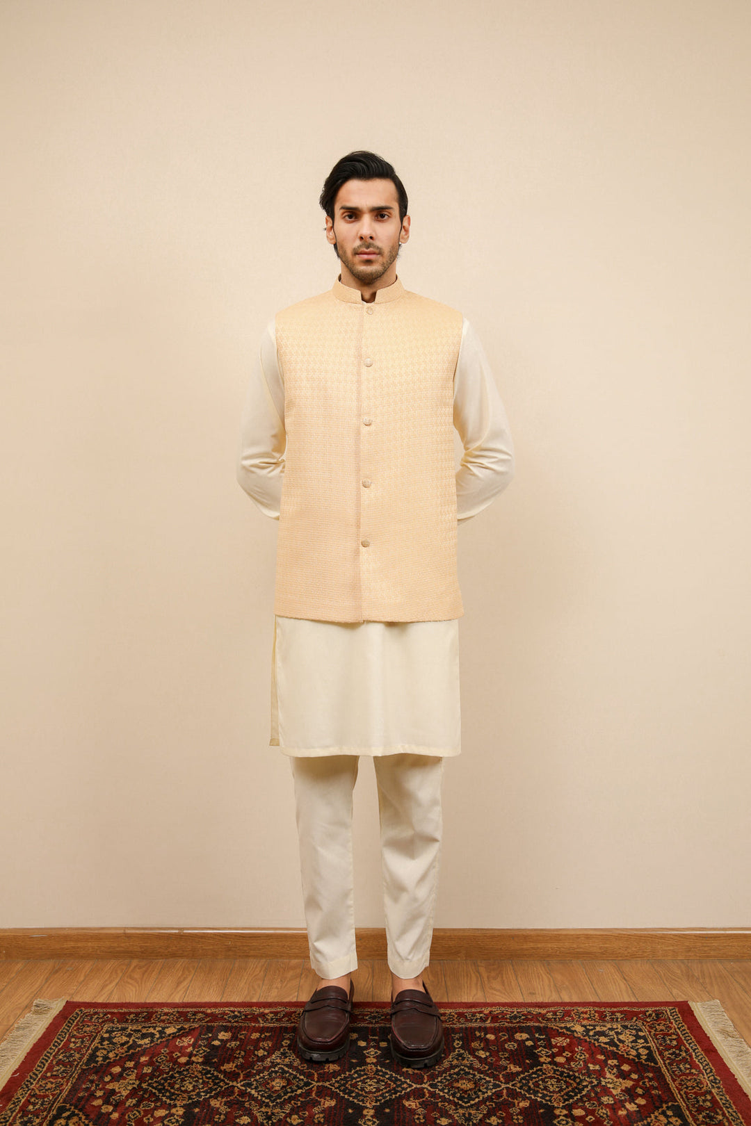 Muraqsh Ready To Wear Solids Bosky Men Bosky White Kurta Trouser with Skin Jamawar Waistcoat MUR-BWKTW - Summer Collection