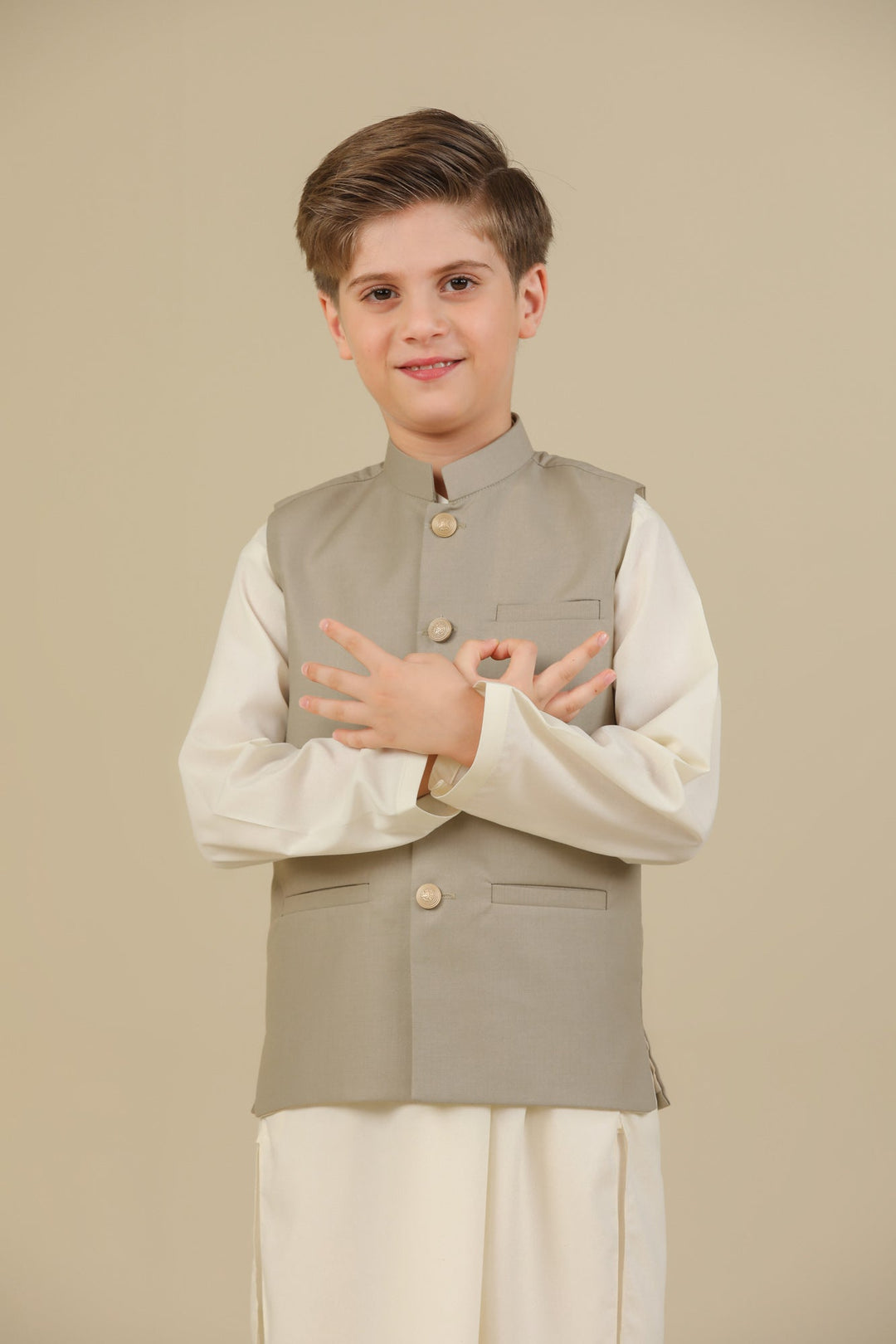 Muraqsh Ready To Wear Solids Bosky Boys Bosky White Kurta Trouser with Beige Suiting Waistcoat Straight Cut MUR-BWKTW - Summer Collection